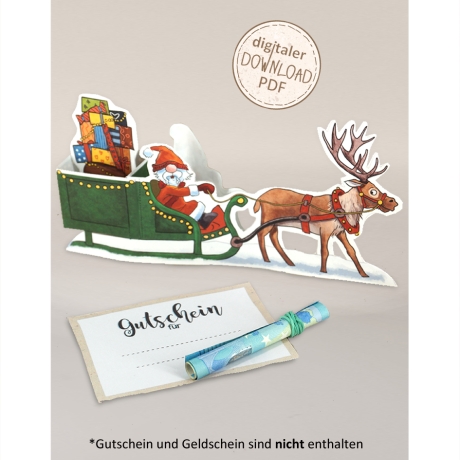 Mini-Geschenkbox Rentierschlitten, Bastelbogen zum Ausdrucken