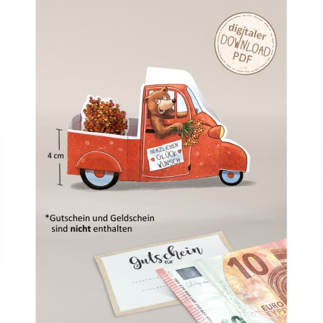 Mini-Geschenkbox Bär im Pickup, Bastelbogen zum Ausdrucken