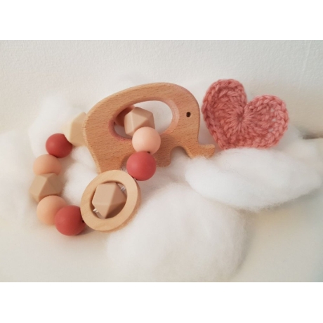 Greifling / Beißring aus Silikonperlen mit Holzelement