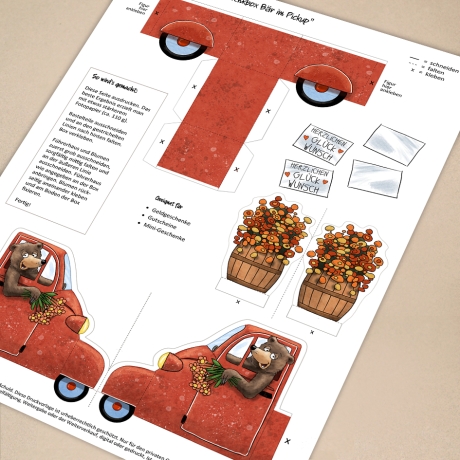 Mini-Geschenkbox Bär im Pickup, Bastelbogen zum Ausdrucken