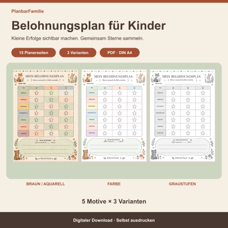 Belohnungsplan für Kinder zum Ausdrucken – 15 Seiten in 3 Designs