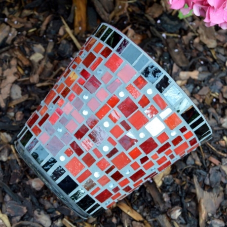 Mosaik Windlicht Spiegelpunkt rot schwarz 16 cm Übertopf Utensilo