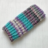 Handyhülle Türkis Grau Weiß geringelt in Rippen handgestrickt