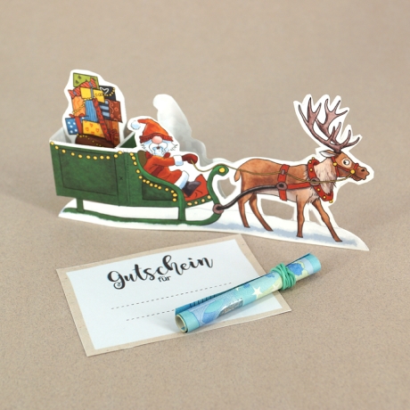 Mini-Geschenkbox Rentierschlitten, Bastelbogen zum Ausdrucken