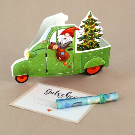 Mini-Geschenkbox Wichtel in Pickup, Bastelbogen zum Ausdrucken