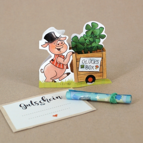 Mini-Geschenkbox Glücksschweinchen, Bastelbogen zum Ausdrucken