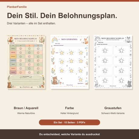 Belohnungsplan für Kinder zum Ausdrucken – 15 Seiten in 3 Designs