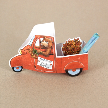Mini-Geschenkbox Bär im Pickup, Bastelbogen zum Ausdrucken