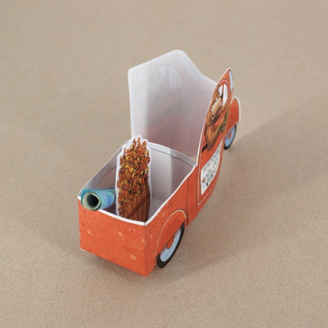 Mini-Geschenkbox Bär im Pickup, Bastelbogen zum Ausdrucken
