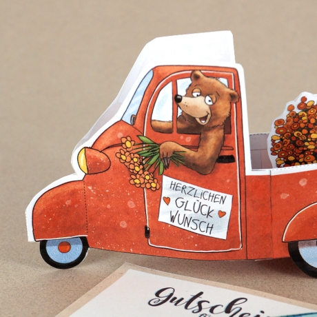 Mini-Geschenkbox Bär im Pickup, Bastelbogen zum Ausdrucken