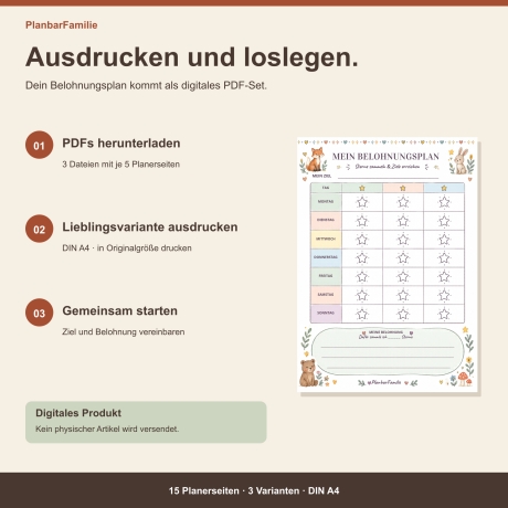 Belohnungsplan für Kinder zum Ausdrucken – 15 Seiten in 3 Designs