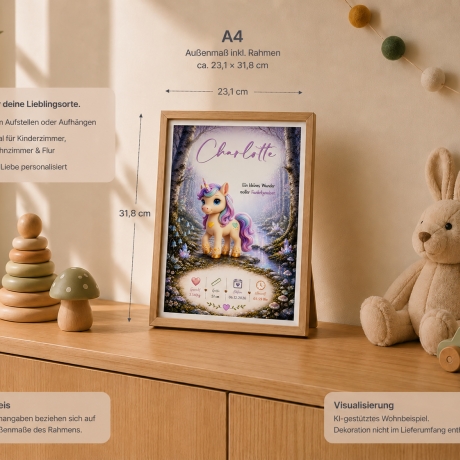 Personalisiertes Geburtsposter inkl. Bilderrahmen - Einhorn