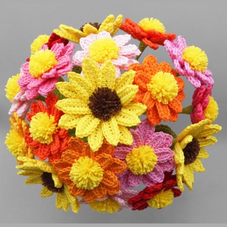 Häkelanleitung Blumenstrauß bunt mit Sonnenblumen aus Wollresten