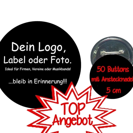 50 x Ansteckbuttons groß 50mm Logo Firma Verein Event Foto Band 