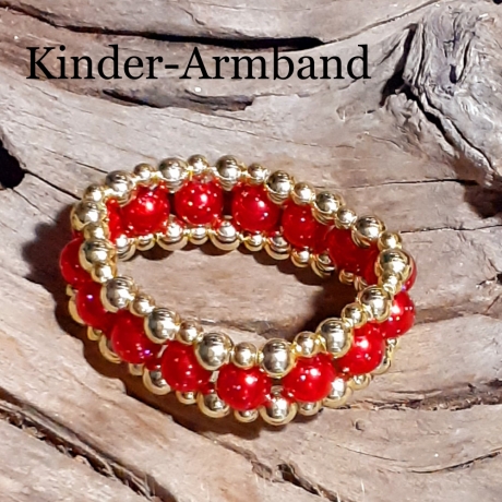 Kinder-Armband Rot & golden Handarbeit Kinder-Schmuck elastisch