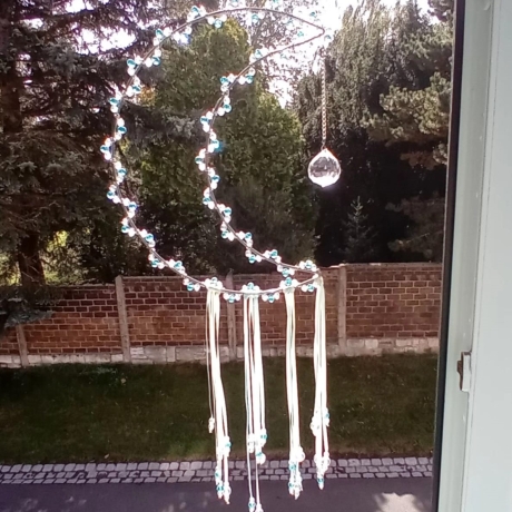 Sonnenfänger Mond Hellblau Perlen Wandschmuck Wohndeko Suncatcher