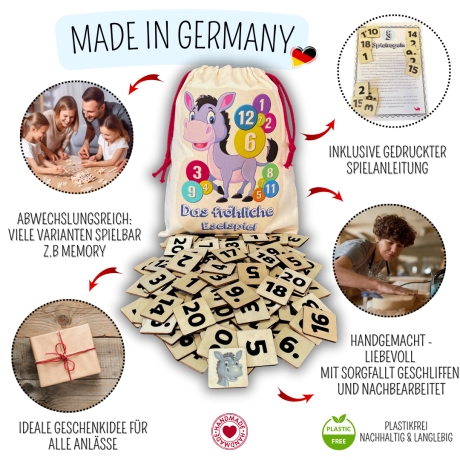 Eselspiel 2.0 Eckig + Volle Zahlen + 121 Teile Holz + Beutel - 