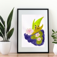 Der Frosch und die Lotusblumen Handgemaltes Aquarell Original