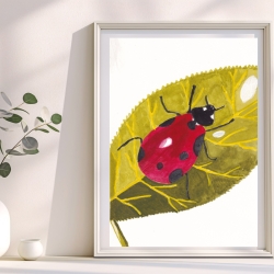 Marienkäfer auf Grünem Blatt Handgemaltes Aquarell Original 