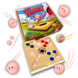 Weg mit dem Ferkel! – Lustiges Holz Würfelspiel 60 Schweinchen 