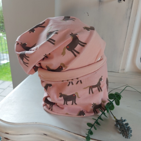 Beanie Mütze & Loop Set rosa Pferde Jersey KU 53-55cm