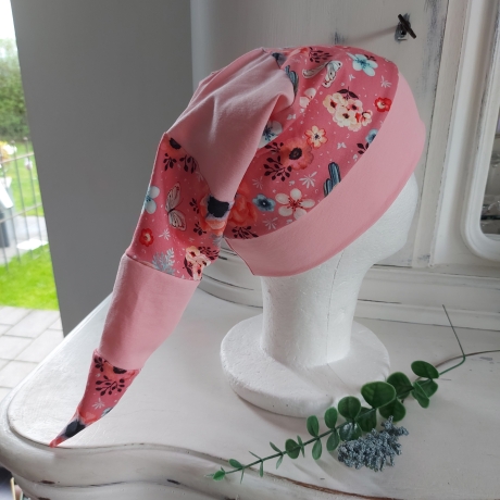 Zipfelmütze aus rosa Rotkehlchen Farbenmix Jersey KU 48-52cm