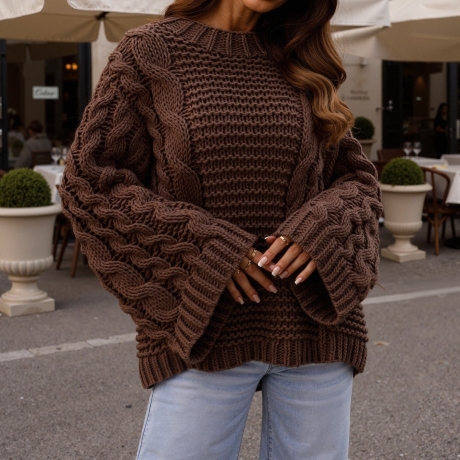 Grobstrickpullover Braun oversize Strickpullover Zopfmuster S-XL