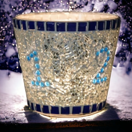 Mosaik Advent Windlicht blau silber 11 cm hoch - Weihnachtsdeko