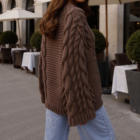 Grobstrickpullover Braun oversize Strickpullover Zopfmuster S-XL