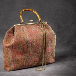 Handgemachte Jacquard Tasche – Paisley Rot/Gold mit Bambusgriffen
