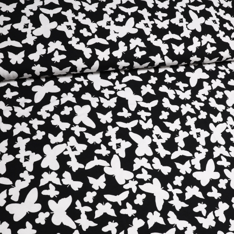 Stoff Viskose Jersey mit Schmetterlinge Design schwarz weiß