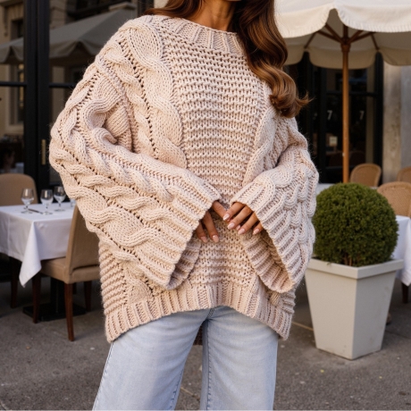 Grobstrickpullover Beige oversize Strickpullover Zopfmuster S-XL