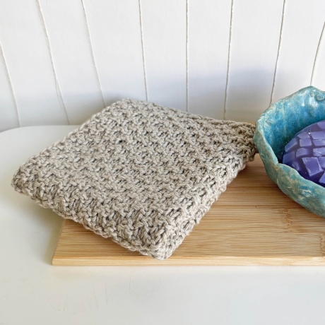 Spültuch Braun Grau Blau mit Leinen ca 27x27 cm handgestrickt