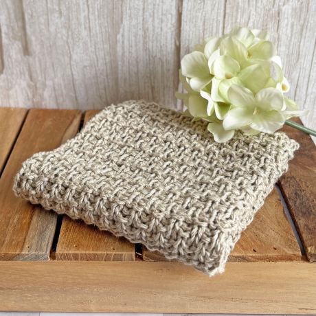 Spültuch Braun Grau Blau mit Leinen ca 27x27 cm handgestrickt