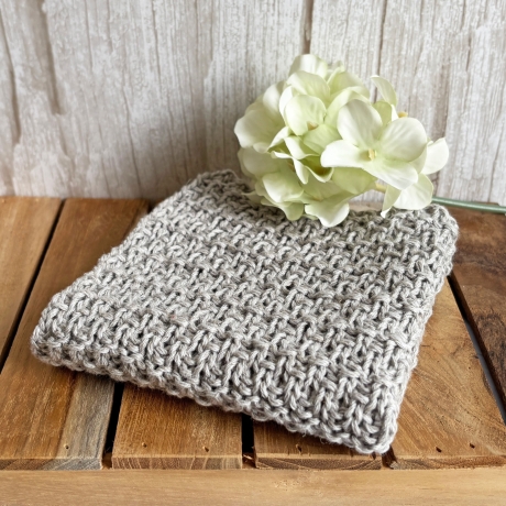 Spültuch Braun Grau Blau mit Leinen ca 27x27 cm handgestrickt