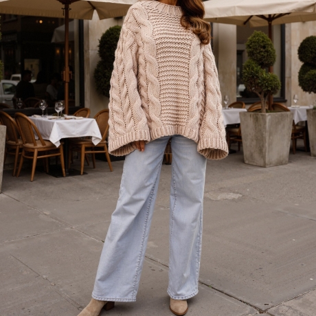 Grobstrickpullover Beige oversize Strickpullover Zopfmuster S-XL