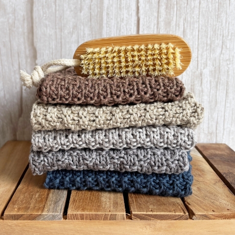 Spültuch Braun Grau Blau mit Leinen ca 27x27 cm handgestrickt