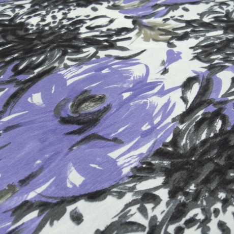 Stoff Viskose Jersey Blumen abstrakt weiß flieder-lavendel grau