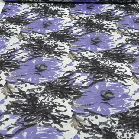 Stoff Viskose Jersey Blumen abstrakt weiß flieder-lavendel grau
