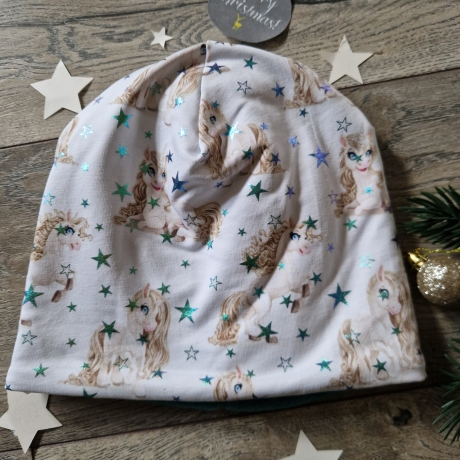 Beanie, Mütze mit Polarfleece,  KU 51/52 Einhorn, Sterne