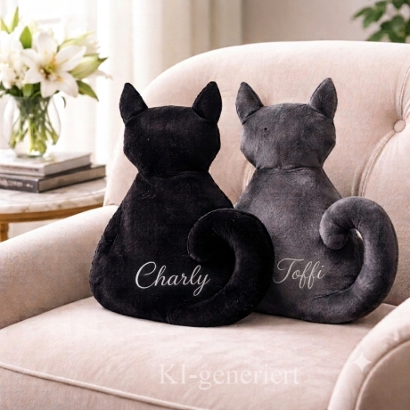 kleiner schwarzer Kater, personalisiertes Kuschelkissen 
