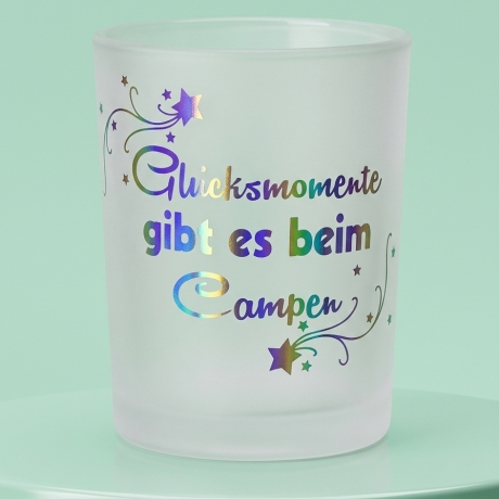 Teelichtglas  Glücksmomente gibt es beim Campen