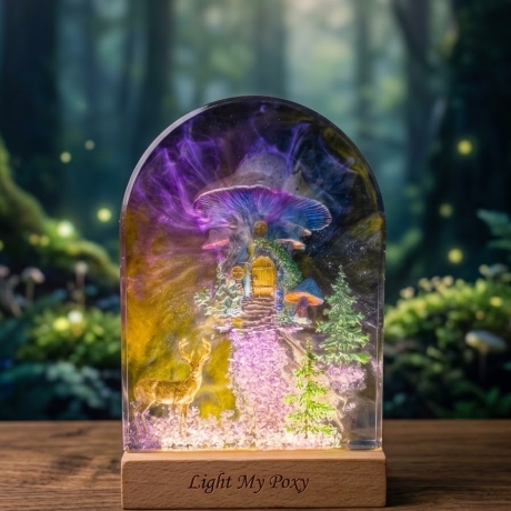 Handgemachte Resin Lampe Märchenwelt Pilzhaus Fantasy LED Deko