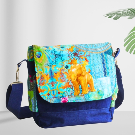 kleine  Umhängetasche Damen /blaue Handtasche/Elefant/Cord Tasche