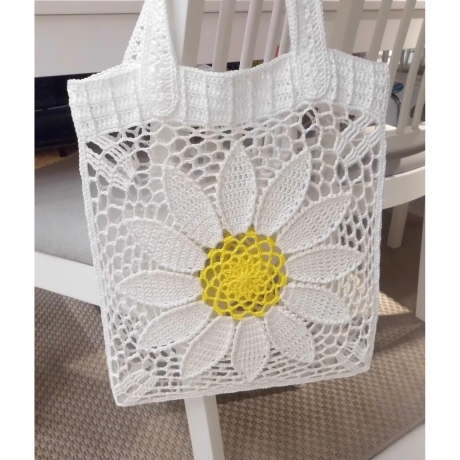 Häkelanleitung Tasche Einkaufsnetz große Blume mit Häkelschrift