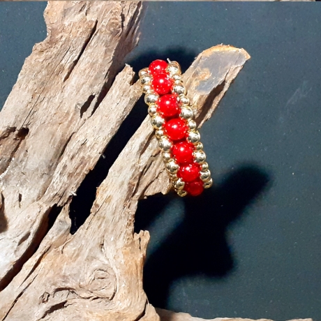 Kinder-Armband Rot & golden Handarbeit Kinder-Schmuck elastisch