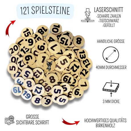 Eselspiel 2.0 Volle Zahlen 121 Teile Holz + Beutel Familienspiel 
