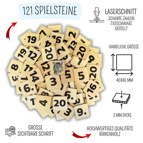 Eselspiel 2.0 Eckig + Volle Zahlen + 121 Teile Holz + Beutel - 