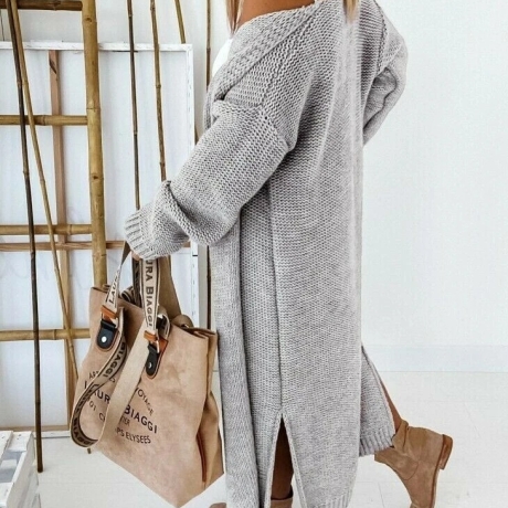 Oversize Strickmantel lang Strickjacke Cardigan in Hellgrau S M L