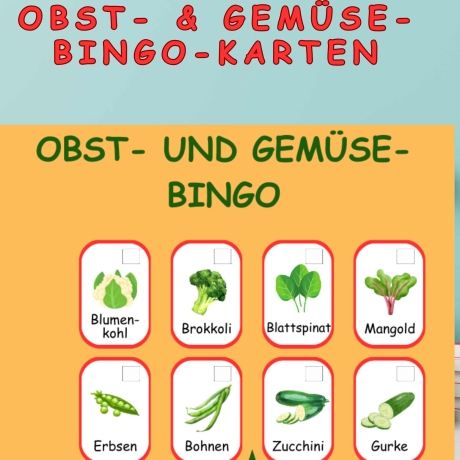 Obst und Gemüse Bingo Kartenspiel Bastelbogen für Kinder Spiel